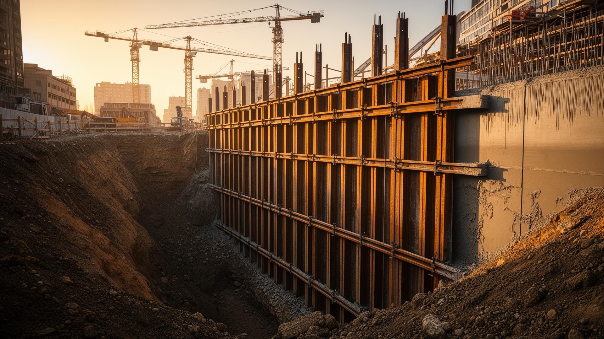 Soldier pile retention wall at a deep urban excavation